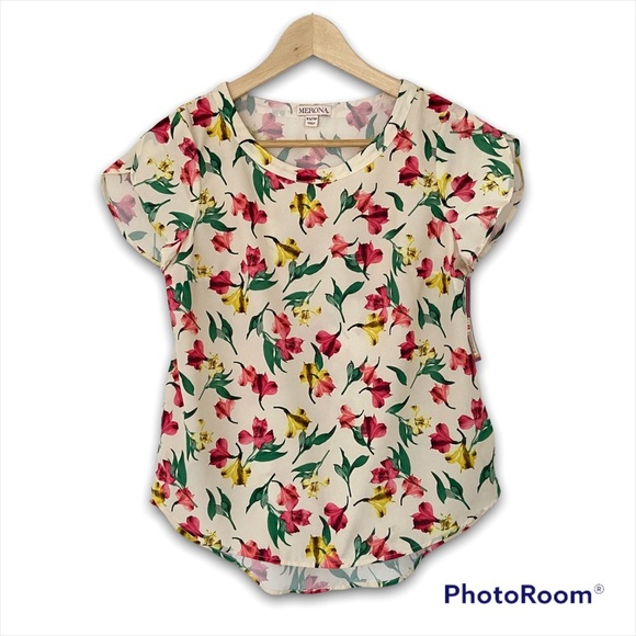 MERONA CREAM/GREEN/YELLOW/PINK FLORAL FLOATY TOP/BLOUSE WITH TULIP SLEEVES-XS - Picture 1 of 7